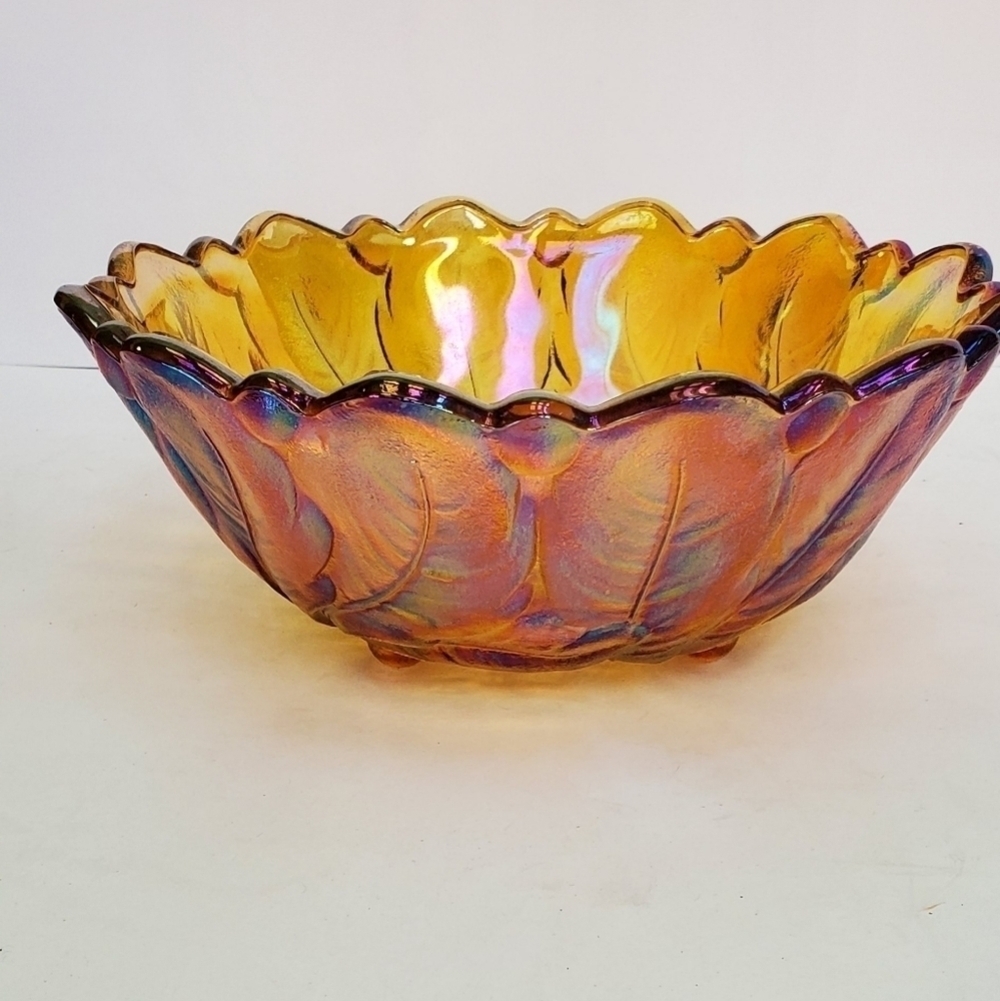 Vintage Indiana Amber Carnival Glass Scalloped Floral Bowl